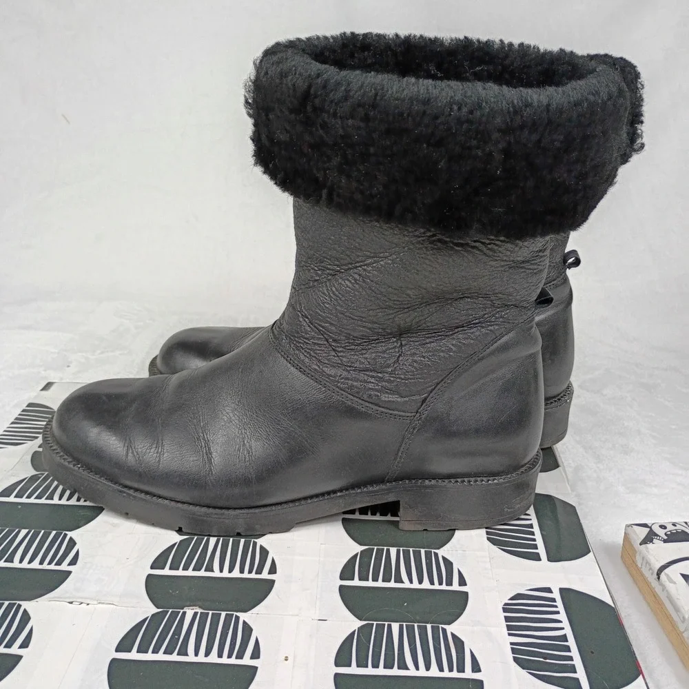 Santana Canada Black Leather Faux Fur Trim‎ Winter Boots Lug Sole Mens 8.5